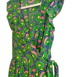 Green Kiwi Printed Wrap Dress with Ruffle Sleeves